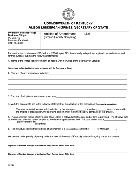 Fillable Form Lla - Articles Of Amendment (Limited Liability Company) Printable pdf