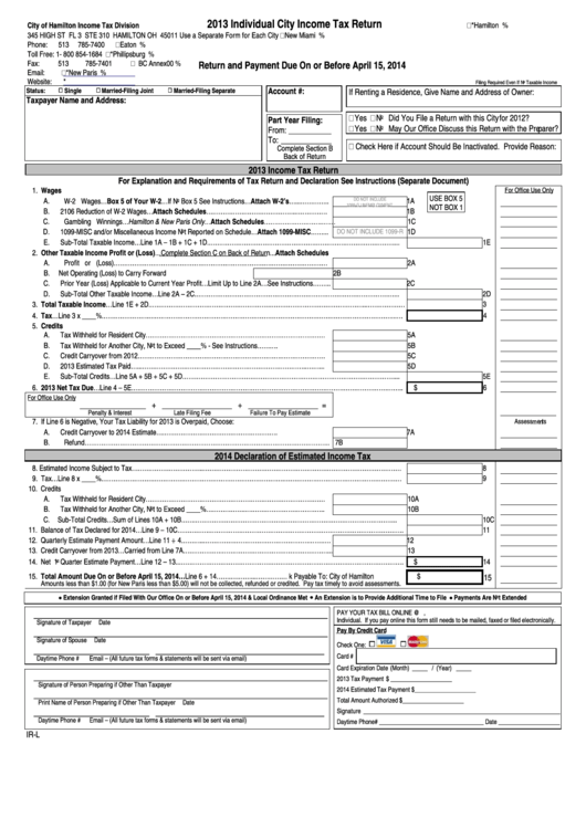 Form Ir-L - Individual City Income Tax Return - 2013 Printable pdf