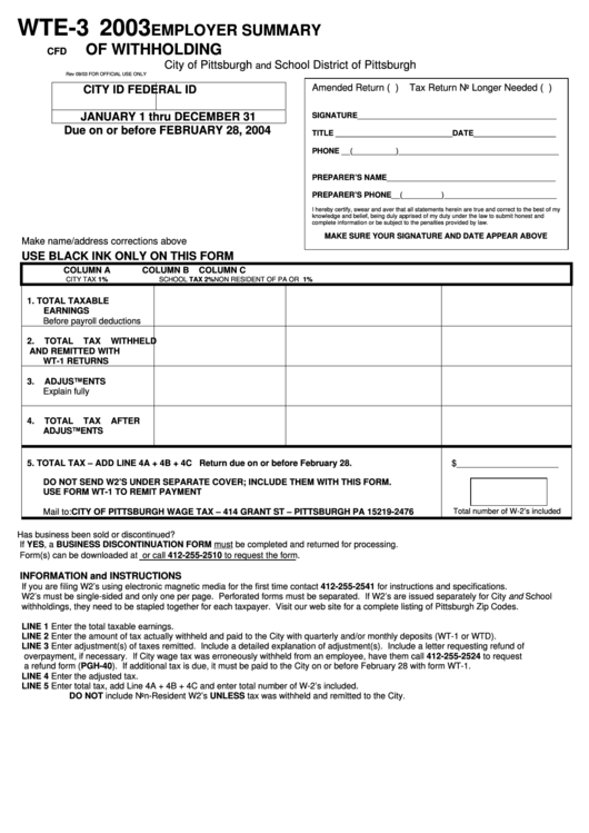 Form Wte-3 - Employer Summary Of Withholding - 2003 Printable pdf