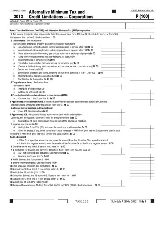 California Schedule P (100) - Attach To Form 100 Or Form 109 - Alternative Minimum Tax And Credit Limitations-Corporations - 2012 Printable pdf