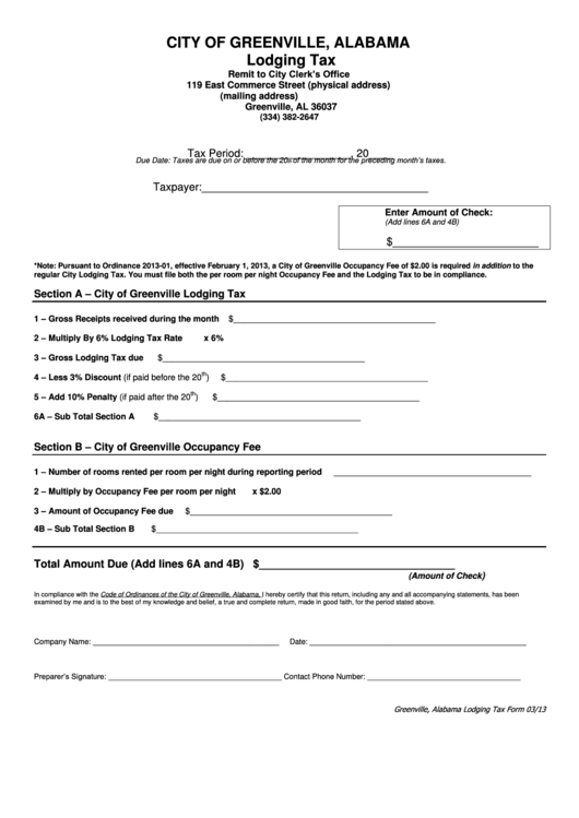 City Of Greenville, Alabama Lodging Tax Form 2013 printable pdf download