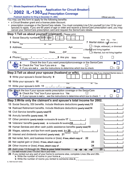 Form Il-1363 - Application For Cercuit Breaker And Prescription Coverage - 2002 Printable pdf