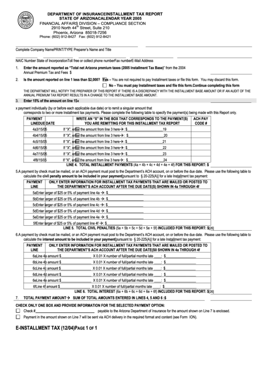 Fillable Installment Tax Report Form - 2005 Printable pdf