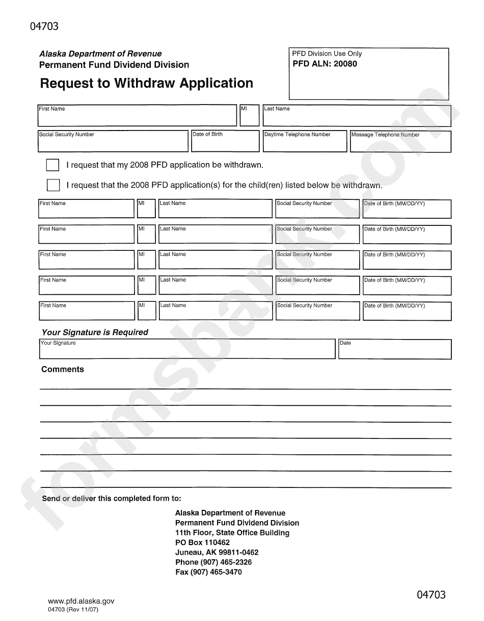 Form 04703 - Request To Withdraw Application