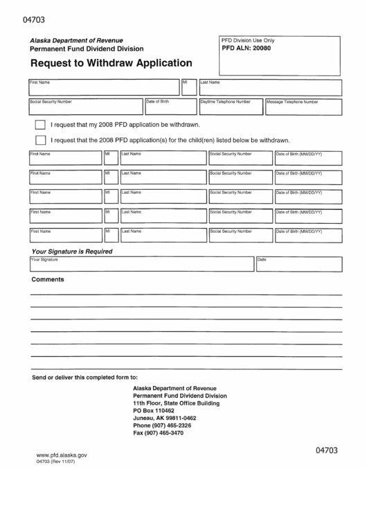 Form 04703 - Request To Withdraw Application Printable pdf