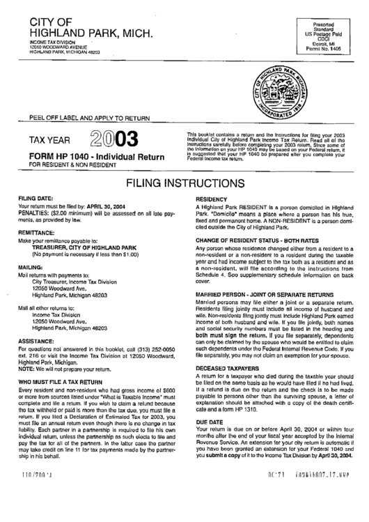 Instructions For Form Hp 1040 - Individual Return For Resident And Non Resident - City Of Highland Park Income Tax Division - 2003 Printable pdf
