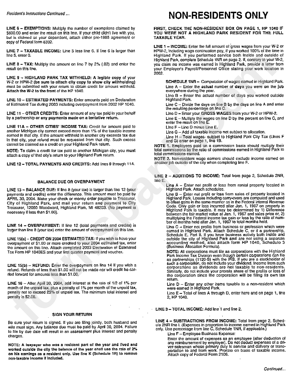 Instructions For Form Hp 1040 - Individual Return For Resident And Non Resident - City Of Highland Park Income Tax Division - 2003