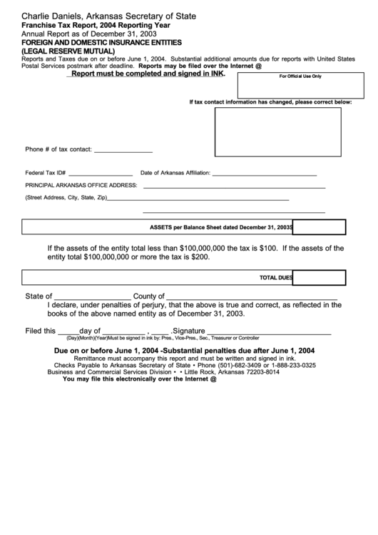 Foreign And Domestic Insurance Entities (Legal Reserve Mutual) Form - Arkansas Secretary Of State Printable pdf