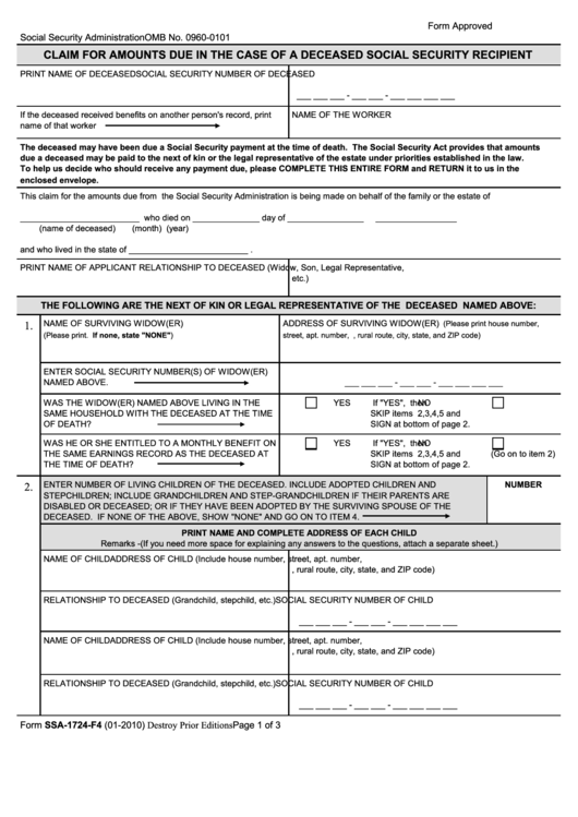 Form Ssa-1724-F4 - Claim For Amounts Due In The Case Of A Deceased Social Security Recipient - 2010 Printable pdf
