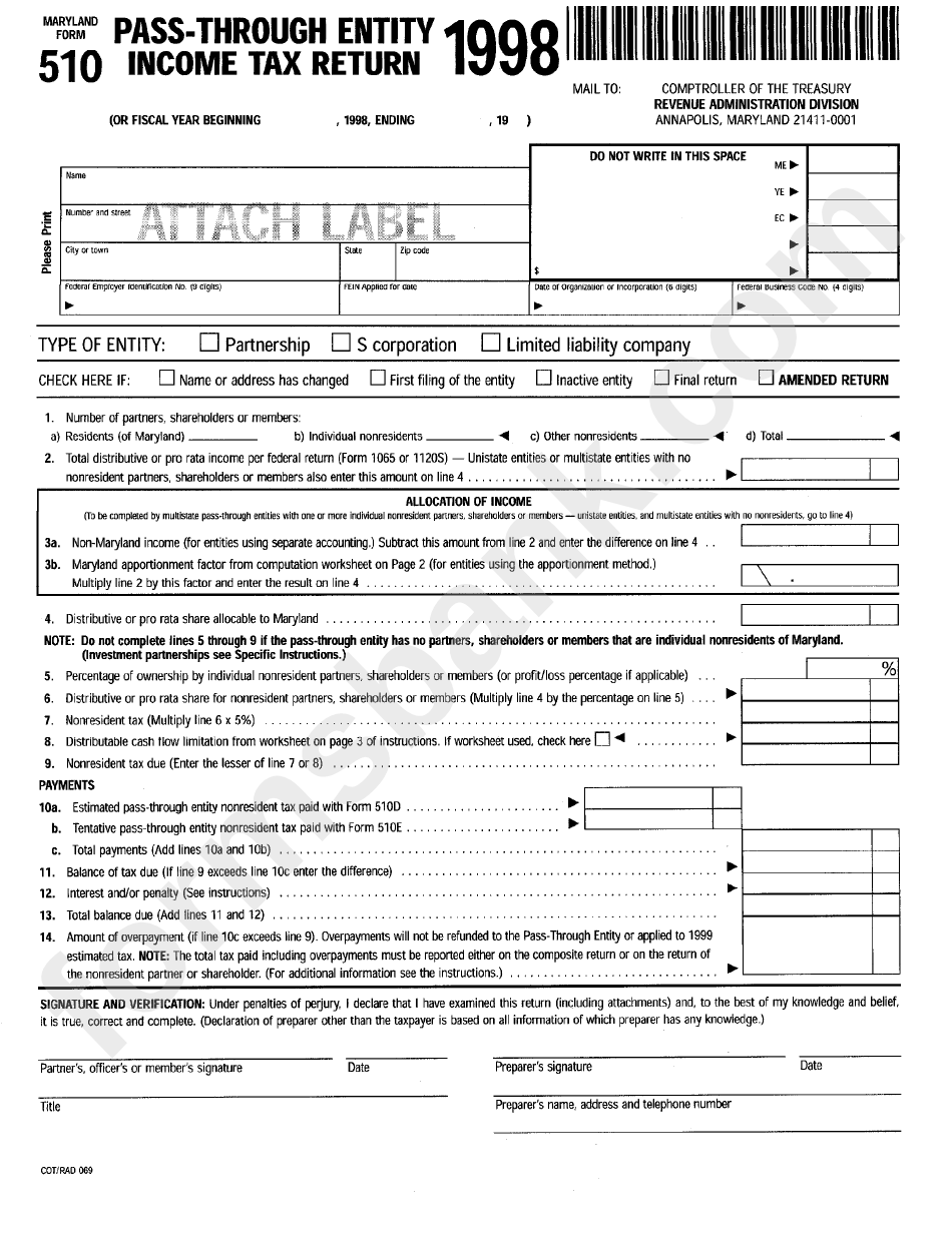 Maryland Form 510 - Pass-Through Entity Income Tax Return - 1998