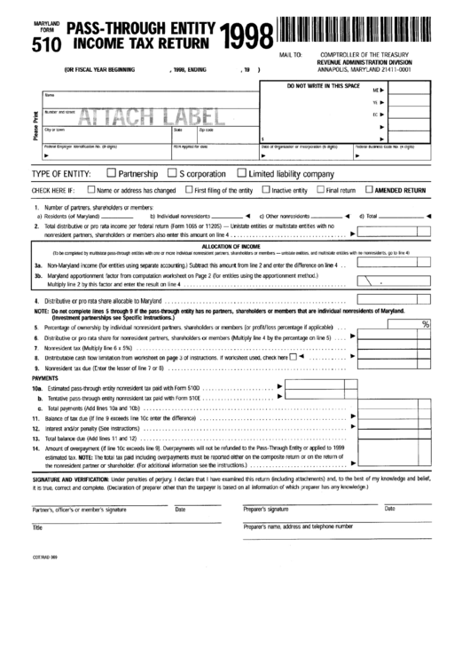 Fillable Maryland Form 510 - Pass-Through Entity Income Tax Return - 1998 Printable pdf