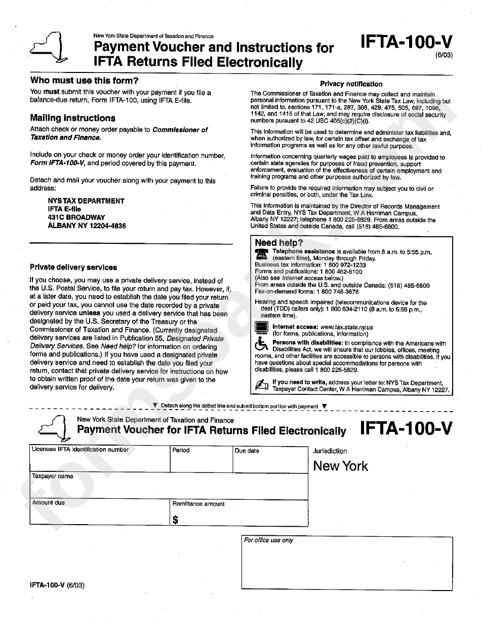 Form Ifta-100-V - Payment Voucher For Ifta Returns Filled Electronically - 2003