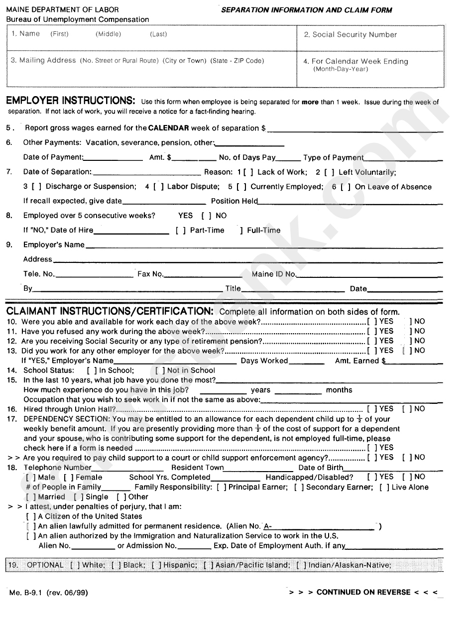 Separation Information And Claim Form