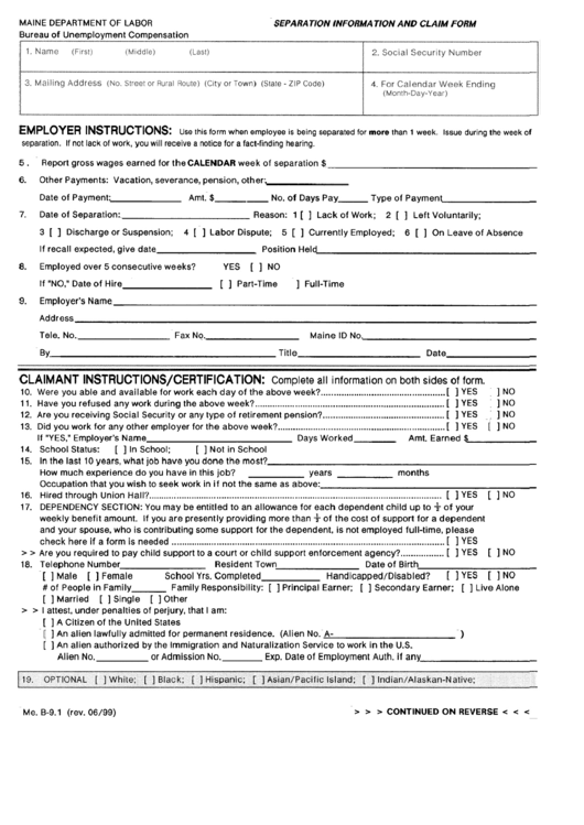 Separation Information And Claim Form Printable pdf