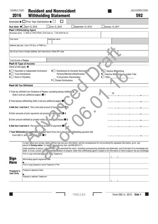 California Form 592 Draft - Resident And Nonresident Withholding Statement - 2016 Printable pdf