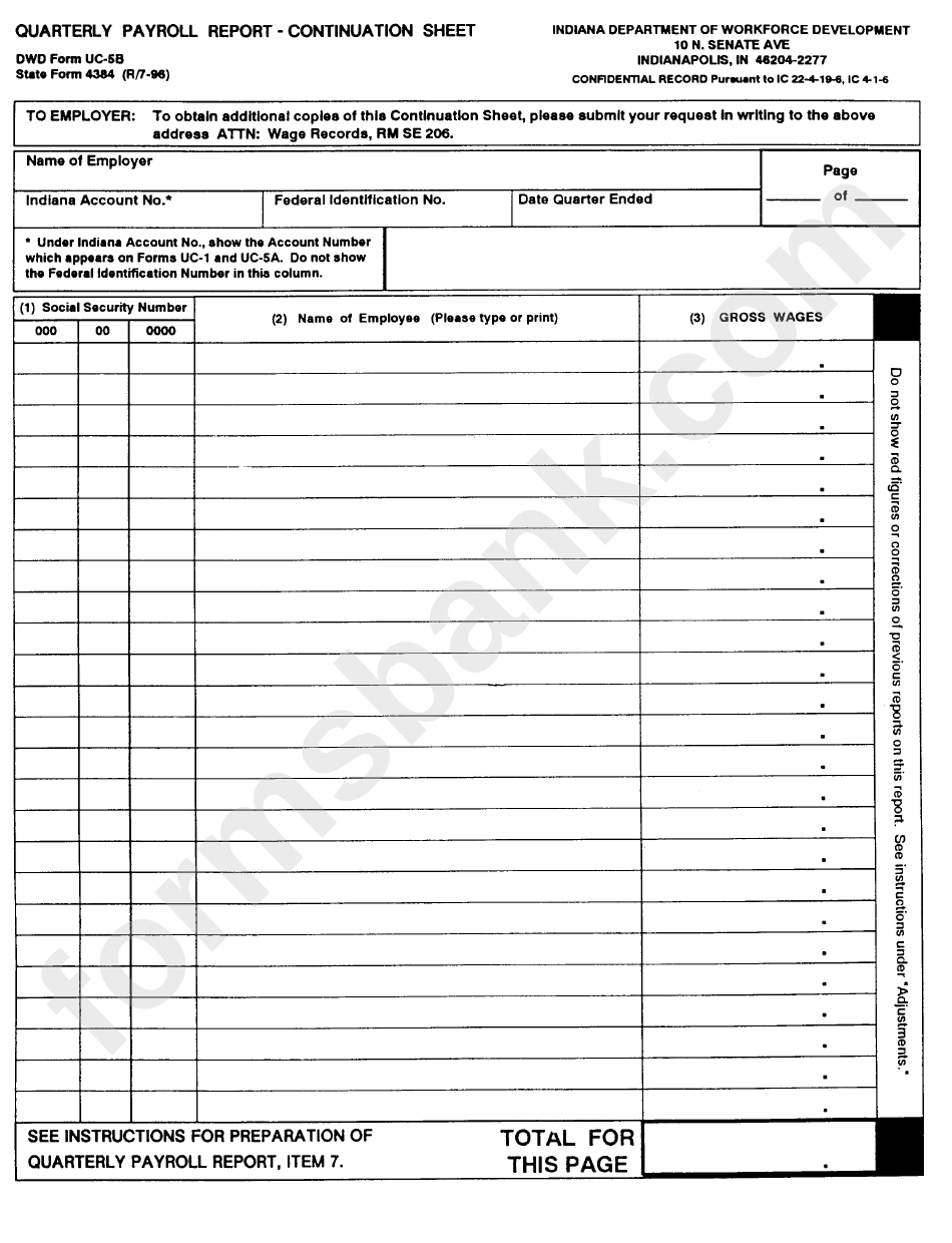 Form Uc-5b - Quarterly Payroll Report-Continuation Sheet - 1996