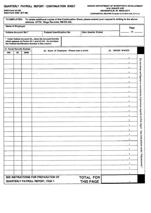 Form Uc-5b - Quarterly Payroll Report-Continuation Sheet - 1996 Printable pdf