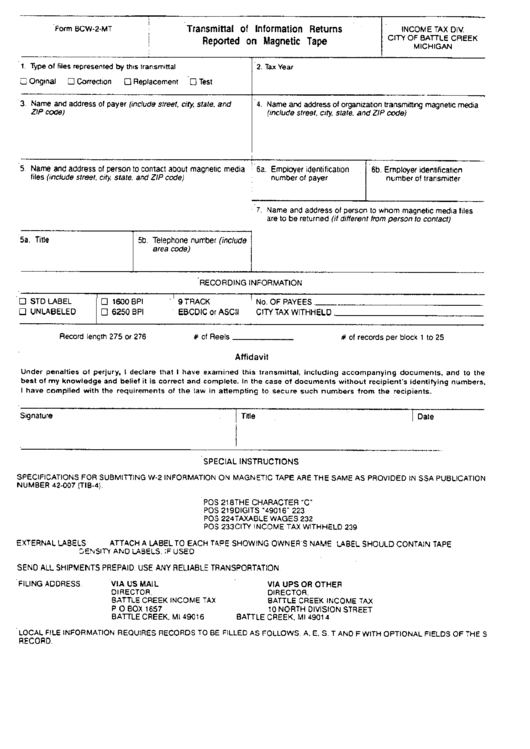 Form Bcw-2-Mt - Transmittal Of Information Returns Reported On Magnetic Tape Printable pdf