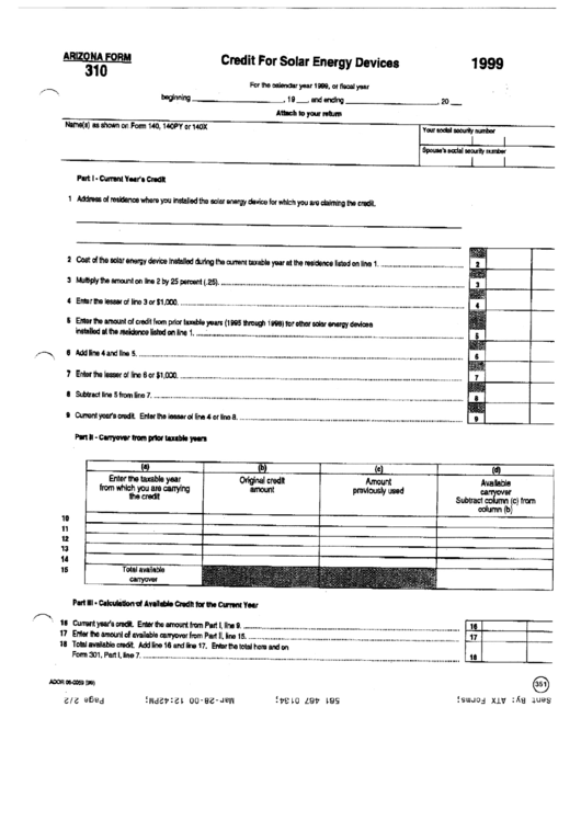 Arizona Form 310 - Credit For Solar Energy Devices - 1999 Printable pdf