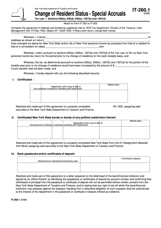 Form It-260.1 - Change Of Resident Status - Special Accruals Printable pdf