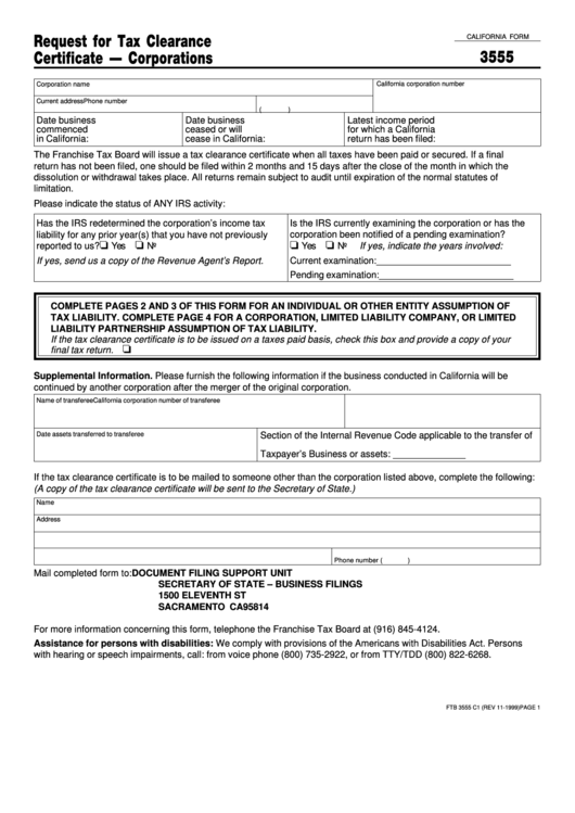 California Form 3555 - Request For Tax Clearance Certificate - Corporations Printable pdf
