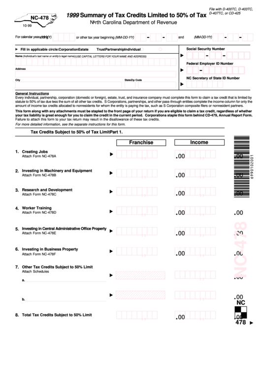 Form Nc-478 - Summary Of Tax Credits Limited To 50% Of Tax - 1999 Printable pdf