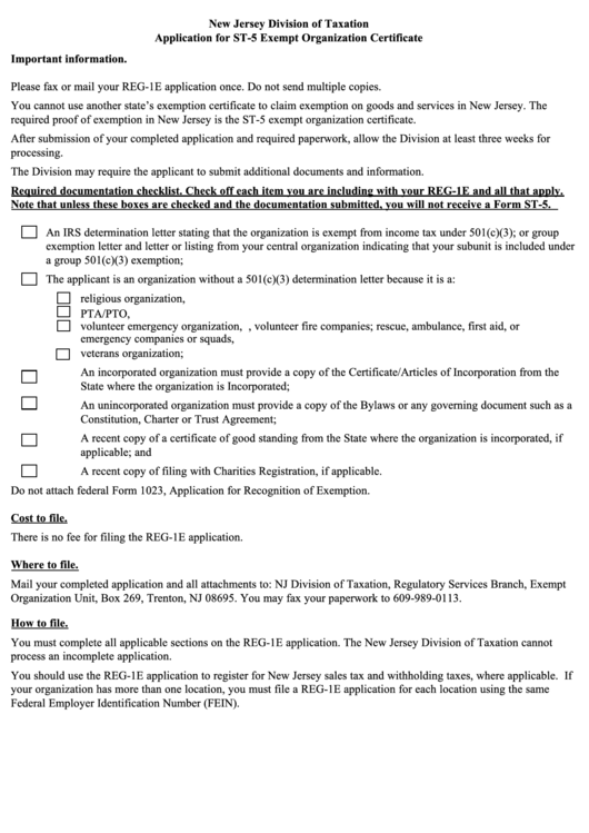 Fillable Form Reg-1e - Application For St-5 Exempt Organization Certificate Printable pdf