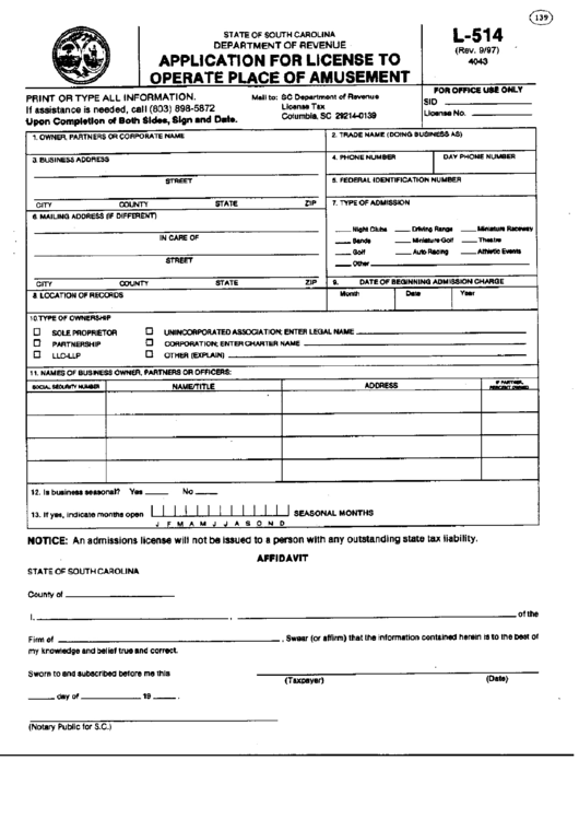 Fillable Form L-514 - Application For License To Operate Place Of Amusement Printable pdf