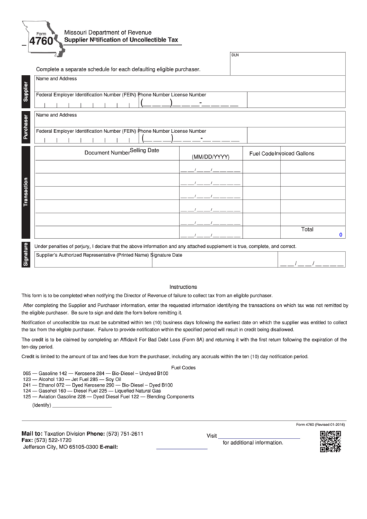 Fillable Form 4760 - Supplier Notification Of Uncollectible Tax January - 2016 Printable pdf