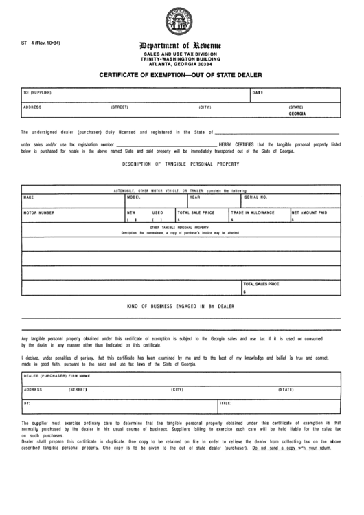 Form St 4 - Certificate Of Exemption - Out Of State Dealer October 1984 Printable pdf