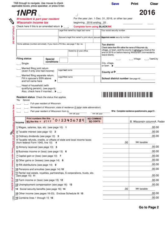 Fillable Form 1npr - Nonresident & Part-Year Resident Wisconsin Income Tax - 2016 Printable pdf