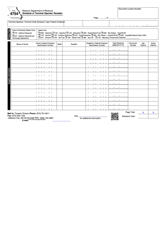 Fillable Form 4754 - Schedule Of Terminal Operator Receipts April 2015 Printable pdf