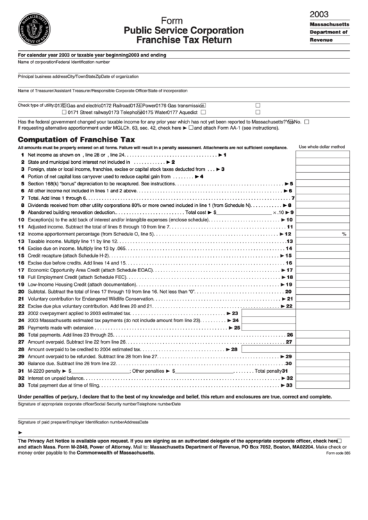 Form P.s.1 - Public Service Corporation Franchise Tax Return - 2003 Printable pdf