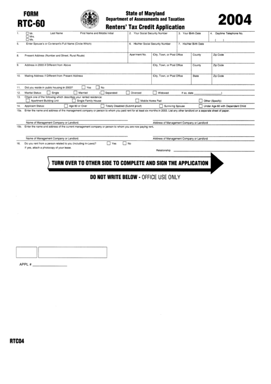 Fillable Form Rtc-60 - Renters