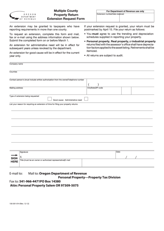 Fillable Form 150-301-014 - Multiple County Property Return Extension Request Form - Printable pdf