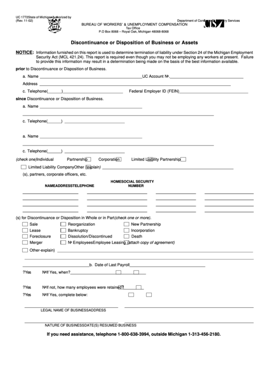 Form Uc 1772 - Discontinuance Or Disposition Of Business Or Assets - 2002 Printable pdf