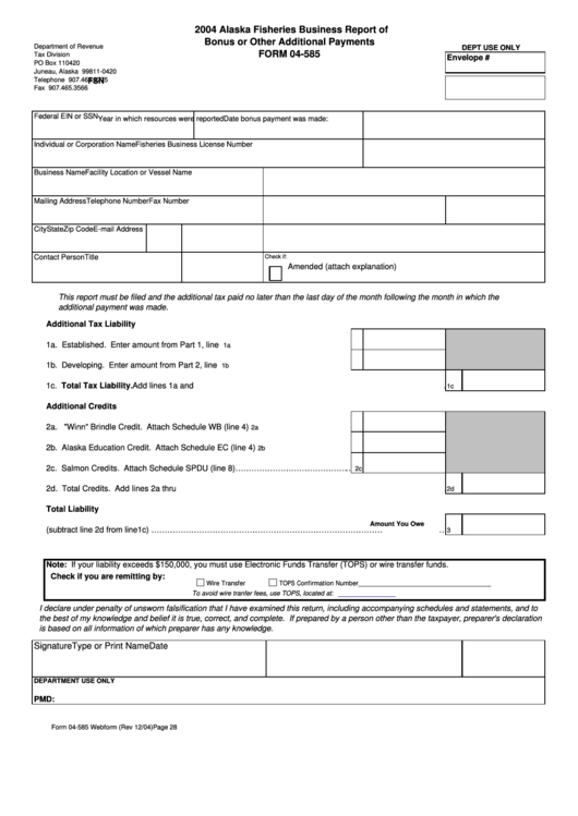 Form 04-585 - Alaska Fisheries Business Report Of Bonus Or Other Additional Payments - 2004 Printable pdf