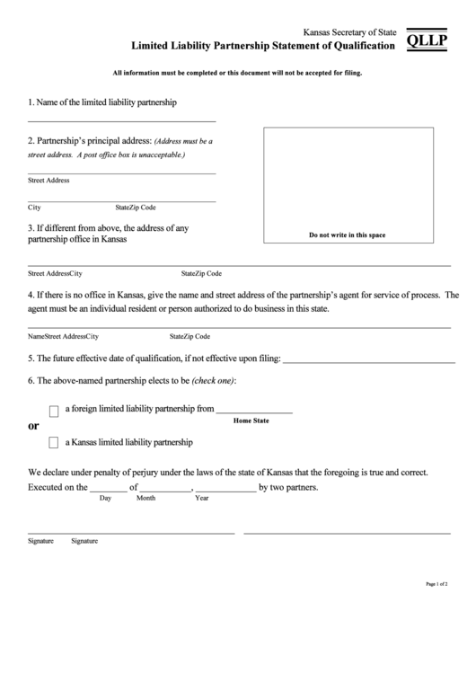 Form Qllp - Limited Liability Partnership Statement Of Qualification - 2001 Printable pdf