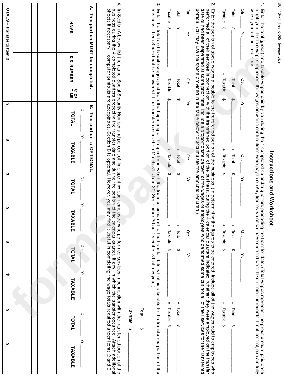 Form Uc 1184-1 - Report And Agreement On Partial Transfer Of Business