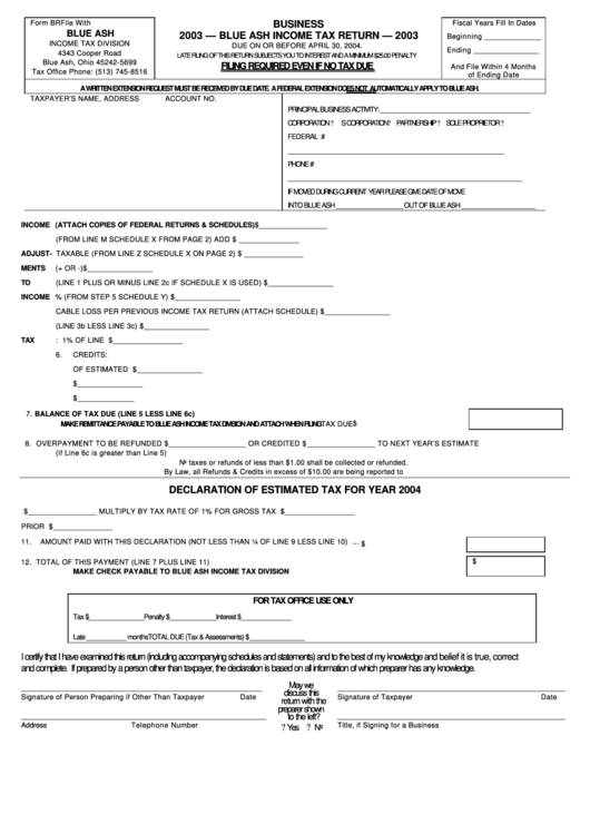 Form Br - Blue Ash Income Tax Return - 2003 Printable pdf