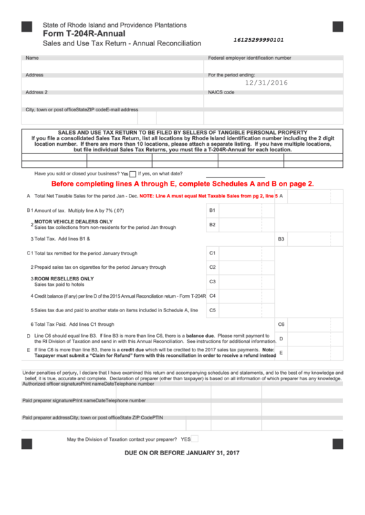 Form T-204r-Annual - Sales And Use Tax Return - Annual Reconciliation - 2016 Printable pdf