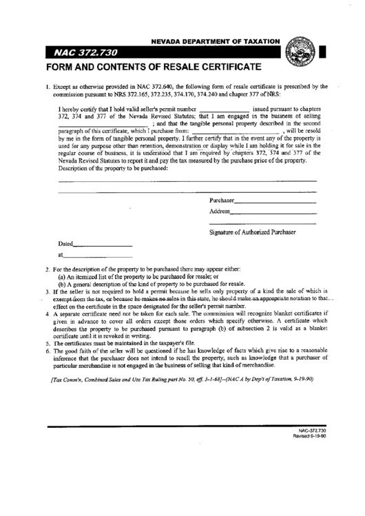 Form Nac 372.730 - Form And Contents Of Resale Certificate Printable pdf