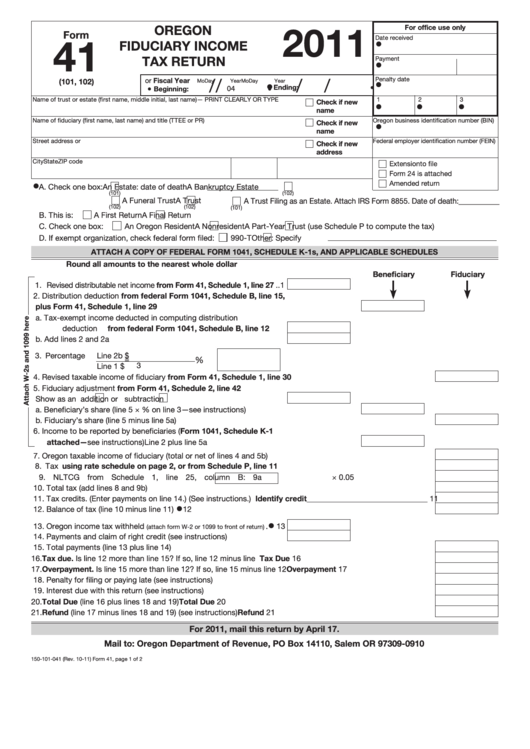 Fillable Form 41 - Oregon Fiduciary Income Tax Return - 2011 Printable pdf