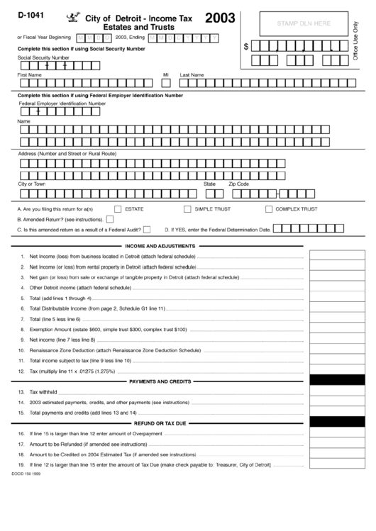 Form D-1041 - City Of Detroit Income Tax Estates And Trusts - 2003 Printable pdf