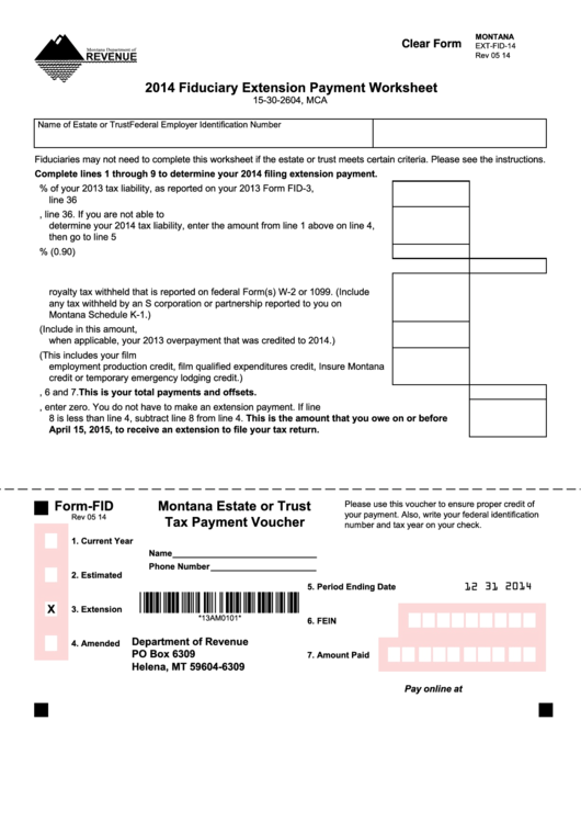 Fillable Montana Form Ext-Fid-14 - Fiduciary Extension Payment Worksheet - 2014 Printable pdf