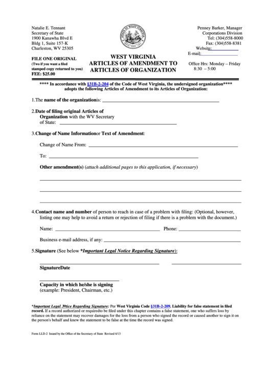 Fillable Form Lld-2 - West Virginia Articles Of Amendment To Articles Of Organization 2013 Printable pdf