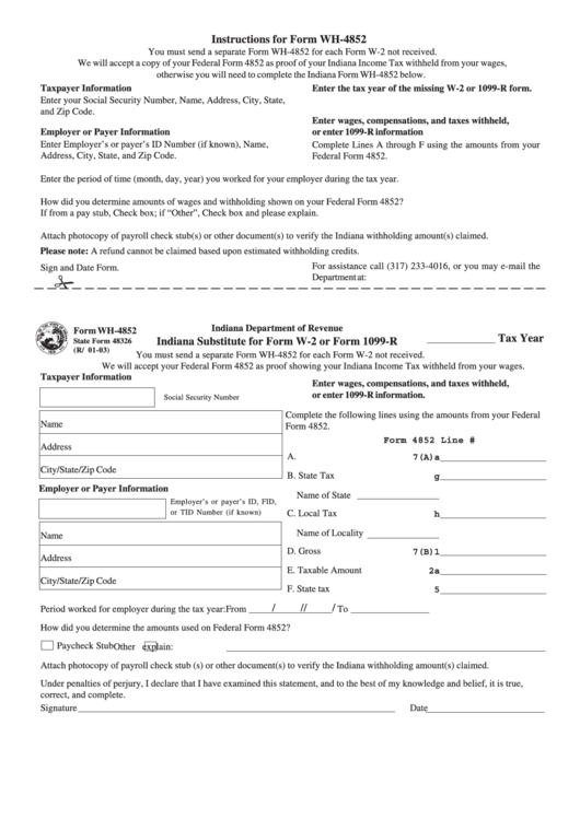 Form Wh-4852 - Indiana Substitute For Form W-2 Or Form 1099-R Printable pdf