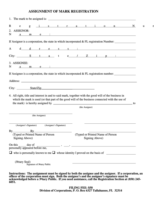 Fillable Assignment Of Mark Registration Form Printable pdf