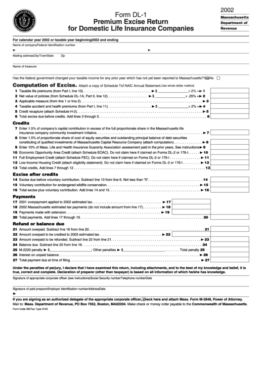 Form Dl-1 - Premium Excise Return For Domestic Life Insurance Companies - 2002 Printable pdf