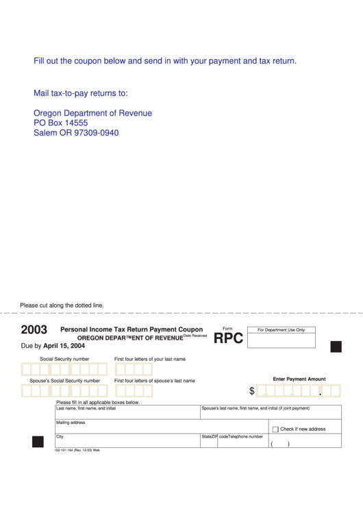 Fillable Form Rpc - Personal Income Tax Return Payment Coupon - 2003 Printable pdf